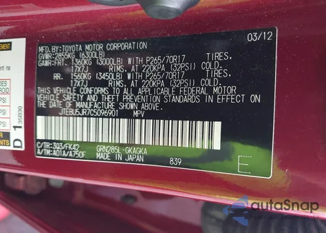 2012 Toyota 4Runner Sr5 z USA, uszkodzony, nr VIN JTEBU5JR7C5096901